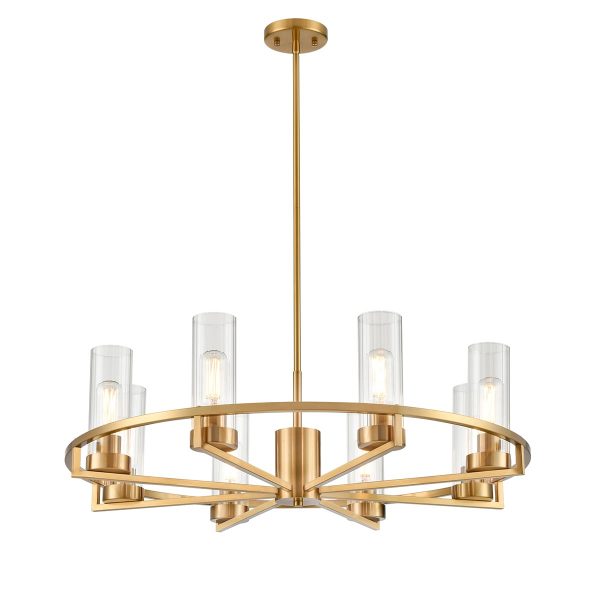 Franklite Camelot 8 light cartwheel chandelier in aged brass with clear glass shades, long drop on white background.
