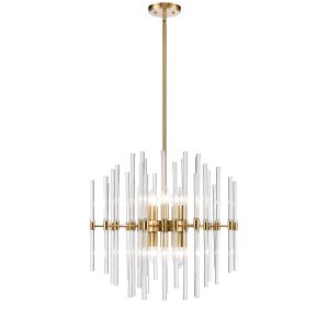 Franklite Celestial 10 light medium chandelier in aged brass finish with glass rods on white background.