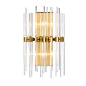 Franklite Celestial 2 light wall light in aged brass finish with glass rods, on white background.