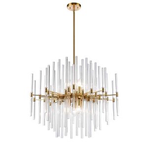Franklite Celestial 10 light large chandelier in aged brass finish with glass rods on white background.