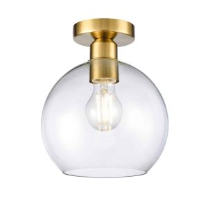 Franklite Chalice 1 light traditional flush ceiling light in aged brass, with clear glass shade, on white background.