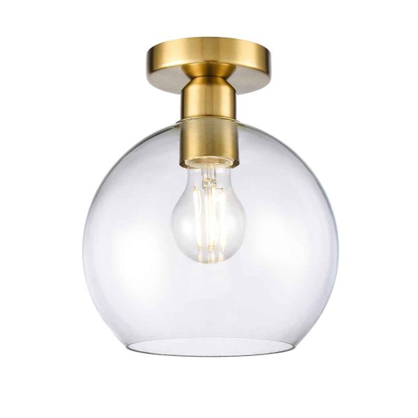 Franklite Chalice 1 light traditional flush ceiling light in aged brass, with clear glass shade, on white background.