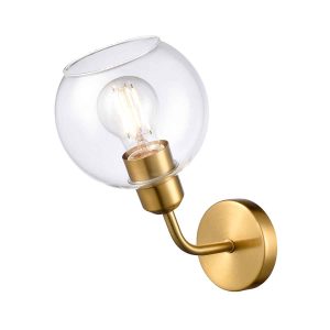 Franklite Chalice single traditional wall light in aged brass with clear glass shade, on white background facing up.