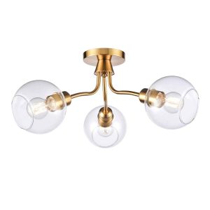 Franklite Chalice, a 3 light traditional semi flush ceiling light in aged brass, with clear glass shades on white background.