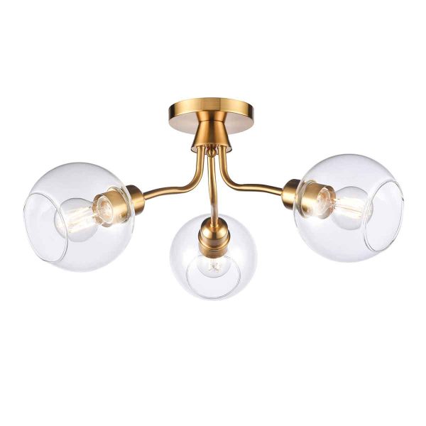 Franklite Chalice, a 3 light traditional semi flush ceiling light in aged brass, with clear glass shades on white background.