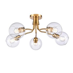 Franklite Chalice 5 light traditional semi flush ceiling light in aged brass, with clear glass shades on white background.