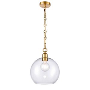 Franklite Chalice traditional pendant ceiling light in aged brass with clear glass shade, full height on white background.