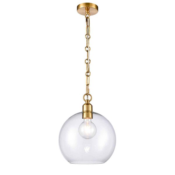 Franklite Chalice traditional pendant ceiling light in aged brass with clear glass shade, full height on white background.
