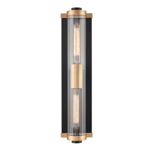 Franklite Charleston large Art Deco wall light in matt black and aged brass finish with clear ribbed glass shade and rated IP44, on white background.