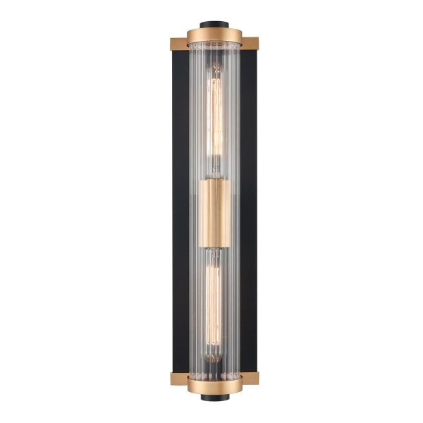 Franklite Charleston large Art Deco wall light in matt black and aged brass finish with clear ribbed glass shade and rated IP44, on white background.