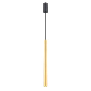 Franklite Chime 5W contemporary LED ceiling pendant in brushed brass, full height on white background.