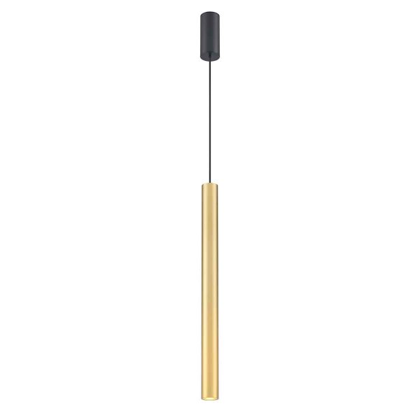 Franklite Chime 5W contemporary LED ceiling pendant in brushed brass, full height on white background.