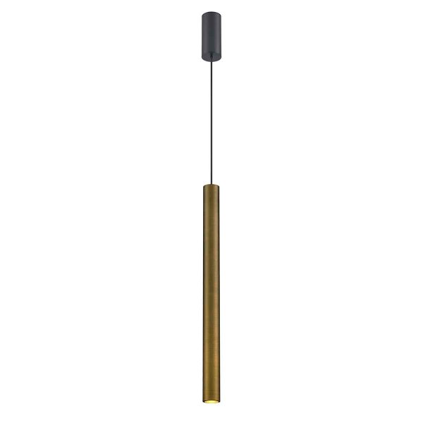 Franklite Chime 5W contemporary LED ceiling pendant in brushed bronze, on white background.