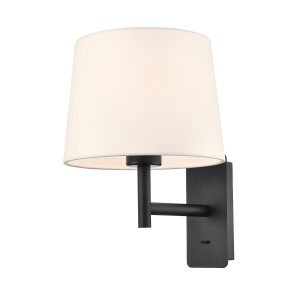 Franklite Christie single switched bedside wall light in matt black finish with off-white shade on white background.