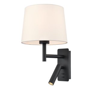 Franklite Christie wall light with LED reading light in matt black finish with off-white shade, on white background.