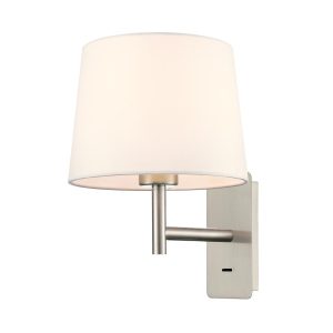 Franklite Christie single switched bedside wall light in satin nickel finish with off-white shade, on white background.