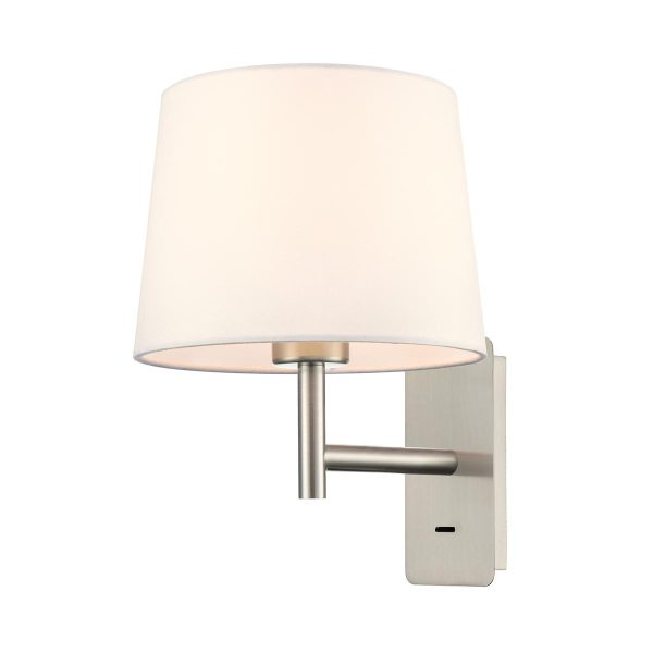 Franklite Christie single switched bedside wall light in satin nickel finish with off-white shade, on white background.