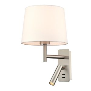 Franklite Christie wall light with LED reading light in satin nickel finish with off-white shade, on white background.