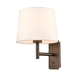Franklite Christie single switched bedside wall light in brushed bronze finish with off-white shade on white background.