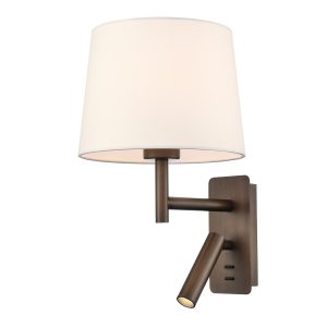 Franklite Christie wall light with LED reading light in brushed bronze finish with off-white shade, on white background.