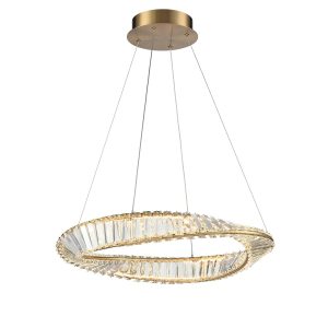 Franklite Cleopatra modern small LED crystal pendant in aged brass, on white background.