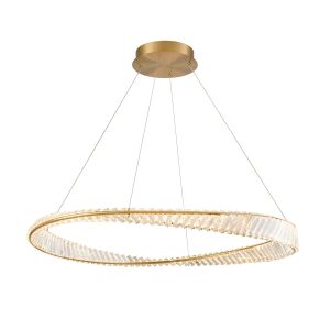 Franklite Cleopatra modern large LED crystal pendant in aged brass, on white background.