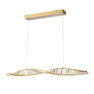 Franklite Cleopatra modern LED crystal bar pendant in aged brass, on white background.