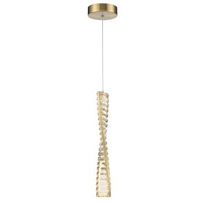 Franklite Cleopatra modern LED single crystal pendant in aged brass, long drop on white background.