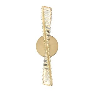 Franklite Cleopatra modern LED single crystal wall light in aged brass, shown mounted vertically on white background.