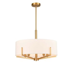 Franklite Clifton 5 light dual mount pendant in aged brass with textured cream fabric shade, on white background, lit.