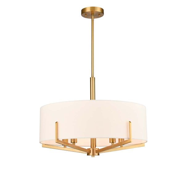 Clifton 5 light dual mount pendant in aged brass with textured cream fabric shade, on white background, lit.