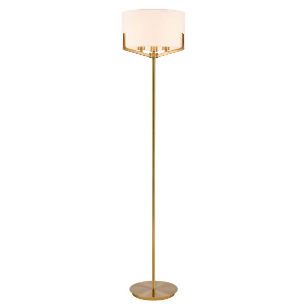 Franklite Clifton 3 light aged brass floor lamp with cream fabric shade, on white background, lit.