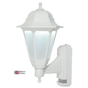 Dual light level LED PIR outdoor wall coach lantern in white, main image on white background.