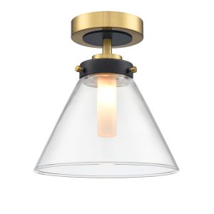 Franklite Conica flush IP44 bathroom light in matt black and aged brass with clear glass shade, on white background.