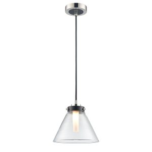 Franklite Conica IP44 bathroom pendant in matt black and polished nickel, on white background.