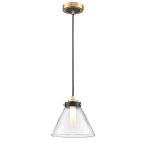 Franklite Conica IP44 bathroom pendant in matt black and aged brass with clear glass shade, long drop on white background.