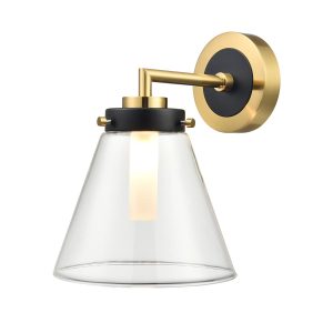 Franklite Conica matt black and aged brass IP44 bathroom wall light with clear glass shade, on white background.