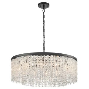 Franklite Coral 12 light large round crystal pendant in matt black, on white background.