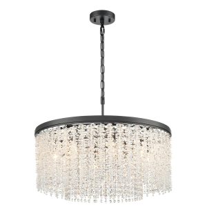 Franklite Coral 8 light crystal pendant ceiling light in matt black, on white background, lit.