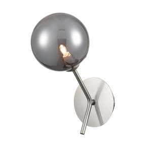 Franklite Cosmic modern single wall light in satin nickel finish with smoked glass shade, on white background.