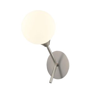 Franklite Cosmic modern single wall light in satin nickel with opal glass shade, on white background.