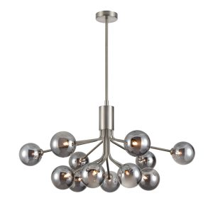 Franklite Cosmic large modern 12 light pendant in satin nickel with smoked glass shades, long drop on white background.