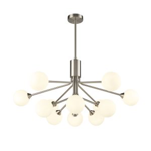 Franklite Cosmic large modern 12 light pendant in satin nickel with opal glass shades, long drop on white background.
