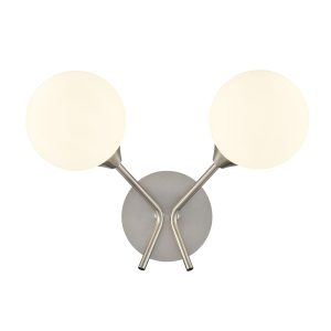 Franklite Cosmic modern twin wall light in satin nickel with opal glass shades, on white background.