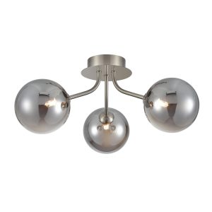 Franklite Cosmic modern 3 light semi flush ceiling light in satin nickel finish with smoked glass shades, on white background.