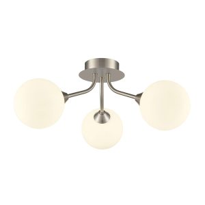 Franklite Cosmic modern 3 light semi flush ceiling light in satin nickel with opal glass shades, on white background.