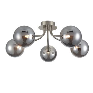 Franklite Cosmic modern 5 light semi flush ceiling light in satin nickel finish with smoked glass shades, on white background.