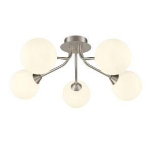 Franklite Cosmic modern 5 light semi flush ceiling light in satin nickel with opal glass shades, on white background.
