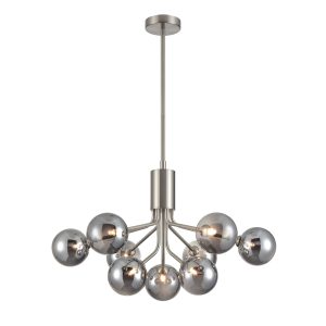 Franklite Cosmic modern 9 light pendant in satin nickel with smoked glass shades, long drop on white background.