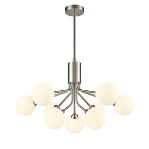 Franklite Cosmic modern 9 light pendant in satin nickel with opal glass shades, long drop on white background.